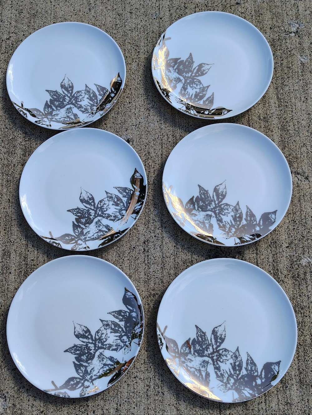(6) Pier 1 Gilded Harvest 8" Salad Plates White Gold Leaves Autumn Thanksgiving